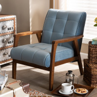 Baxton Studio TOGO-Light Blue Velvet/Walnut-CC Asta Mid-Century Modern Light Blue Velvet Fabric Upholstered Walnut Finished Wood Armchair